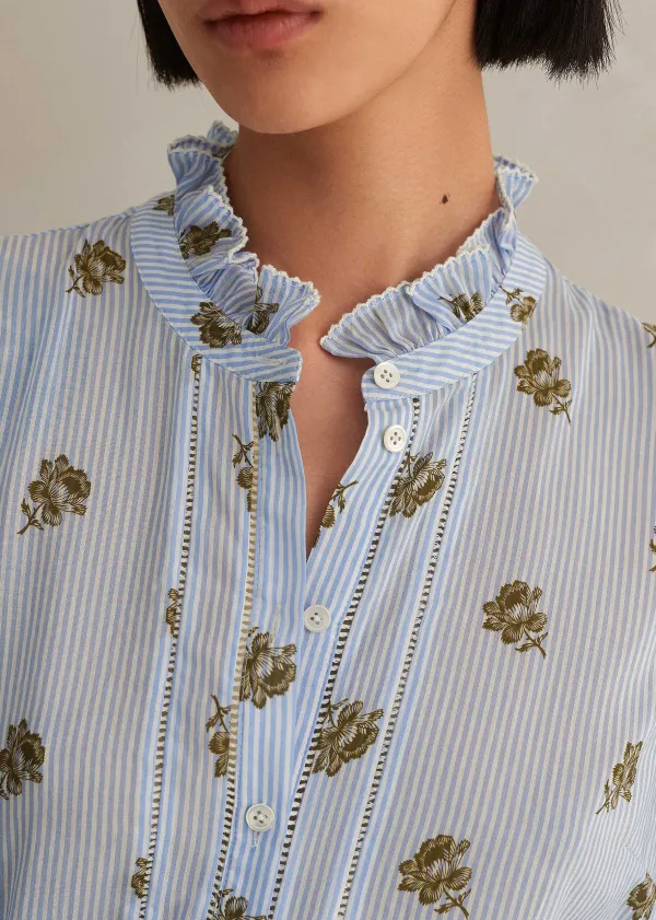 Sale ME+EM Silk Cotton Striped Rose Print Blouse White/Blue-Cinnamon