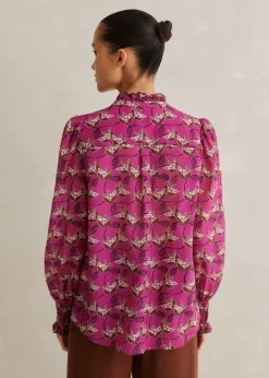 New ME+EM Silk Cotton Waterlily Print Blouse Electric Pink/Black/Pecan