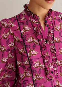 New ME+EM Silk Cotton Waterlily Print Blouse Electric Pink/Black/Pecan