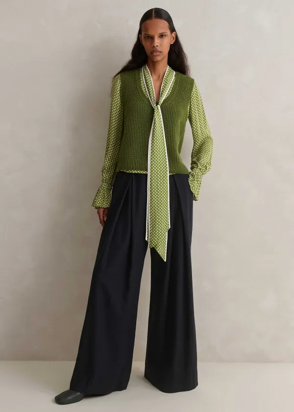 Clearance ME+EM Silk Daisy Flower Print Top + Scarf Black/Bright Olive/Soft White