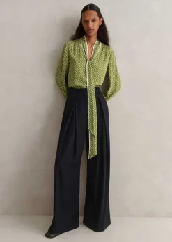 Clearance ME+EM Silk Daisy Flower Print Top + Scarf Black/Bright Olive/Soft White