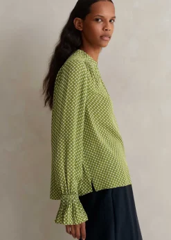 Clearance ME+EM Silk Daisy Flower Print Top + Scarf Black/Bright Olive/Soft White