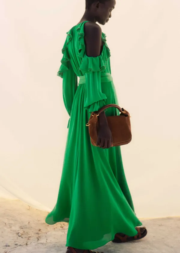 Best ME+EM Silk Exposed Shoulder Maxi Dress + Belt Spring Green
