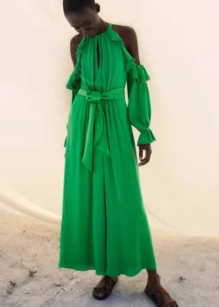 Best ME+EM Silk Exposed Shoulder Maxi Dress + Belt Spring Green