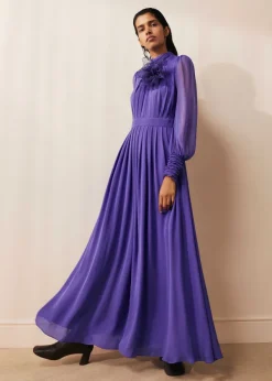 New ME+EM Silk Full-Length Dress With Corsage + Belt Winter Lilac