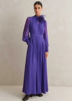 New ME+EM Silk Full-Length Dress With Corsage + Belt Winter Lilac