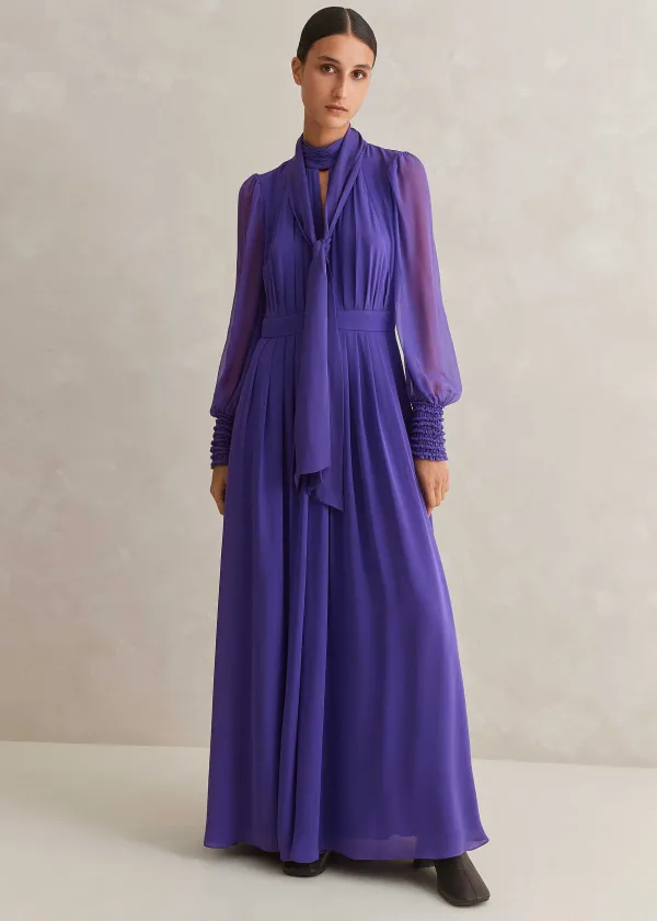 New ME+EM Silk Full-Length Dress With Corsage + Belt Winter Lilac