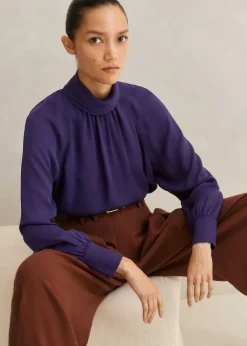 Outlet ME+EM Silk High Neck Raglan Sleeve Top Blueberry