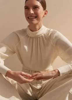 Sale ME+EM Silk High Neck Raglan Sleeve Top Cream