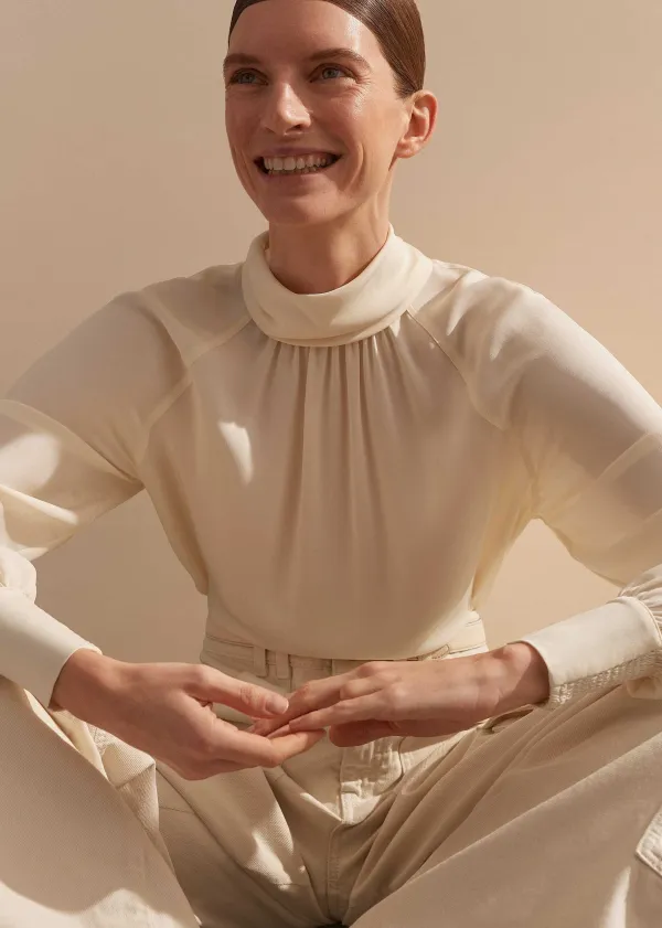 Sale ME+EM Silk High Neck Raglan Sleeve Top Cream