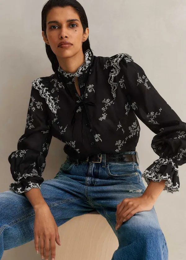 Outlet ME+EM Silk Organza Cherry Blossom Print Blouse Black/Light Cream