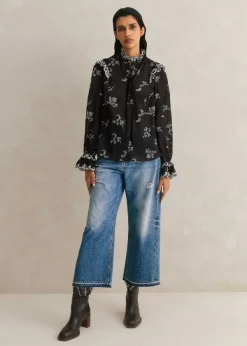 Outlet ME+EM Silk Organza Cherry Blossom Print Blouse Black/Light Cream