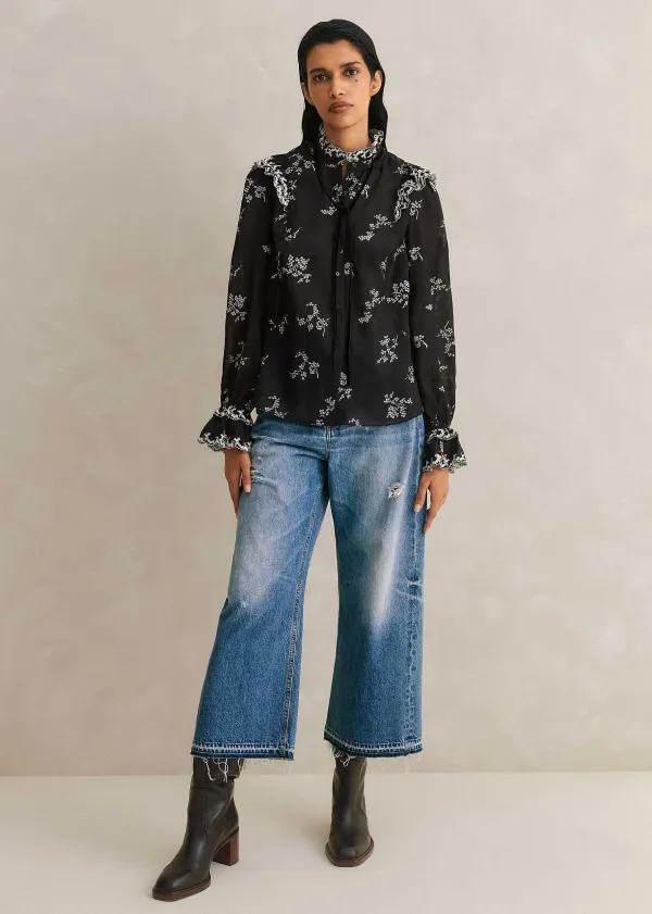 Outlet ME+EM Silk Organza Cherry Blossom Print Blouse Black/Light Cream