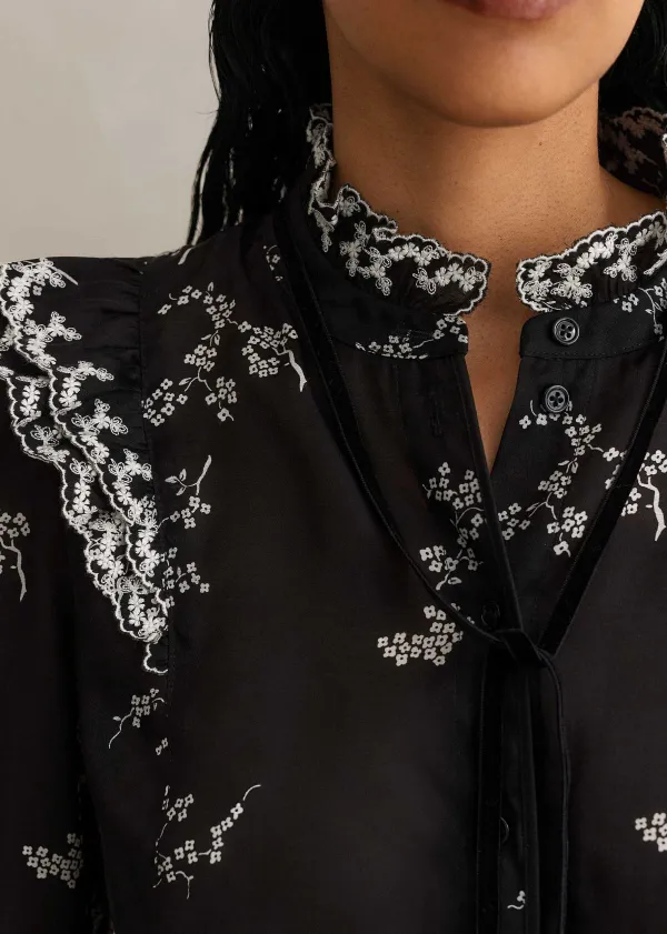 Outlet ME+EM Silk Organza Cherry Blossom Print Blouse Black/Light Cream