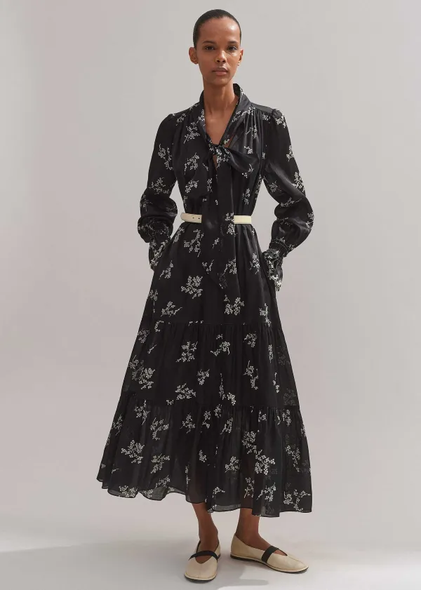 New ME+EM Silk Organza Cherry Blossom Print Maxi Dress Black/Light Cream