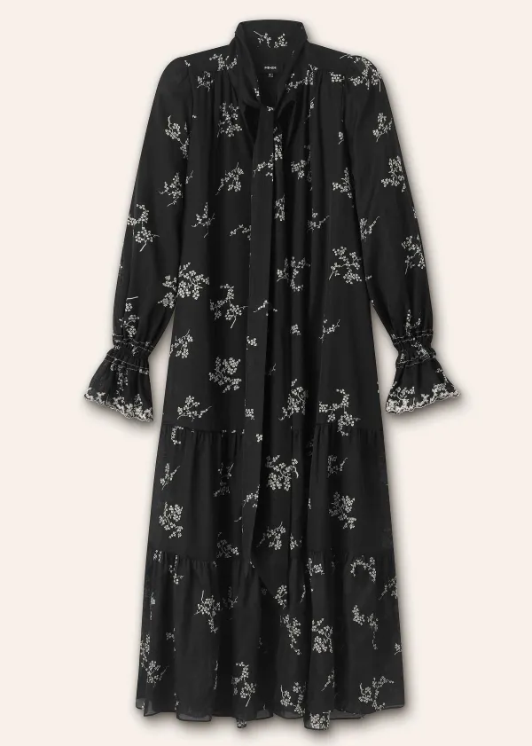 New ME+EM Silk Organza Cherry Blossom Print Maxi Dress Black/Light Cream