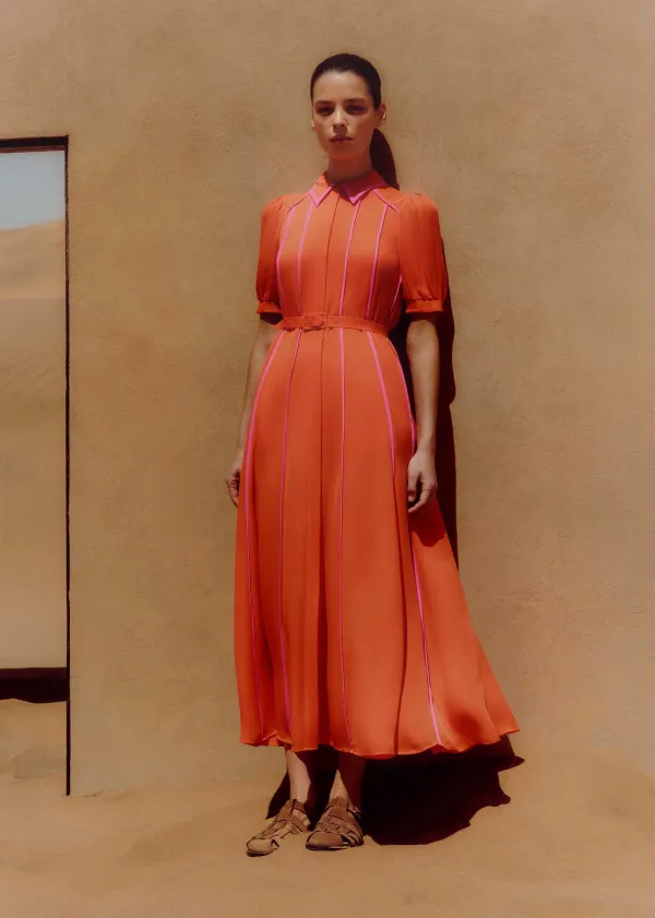 Discount ME+EM Silk Short Sleeve Maxi Dress + Belt Orange Zing/Ultra Pink