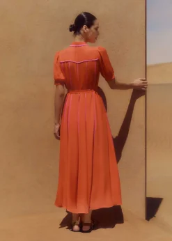Discount ME+EM Silk Short Sleeve Maxi Dress + Belt Orange Zing/Ultra Pink