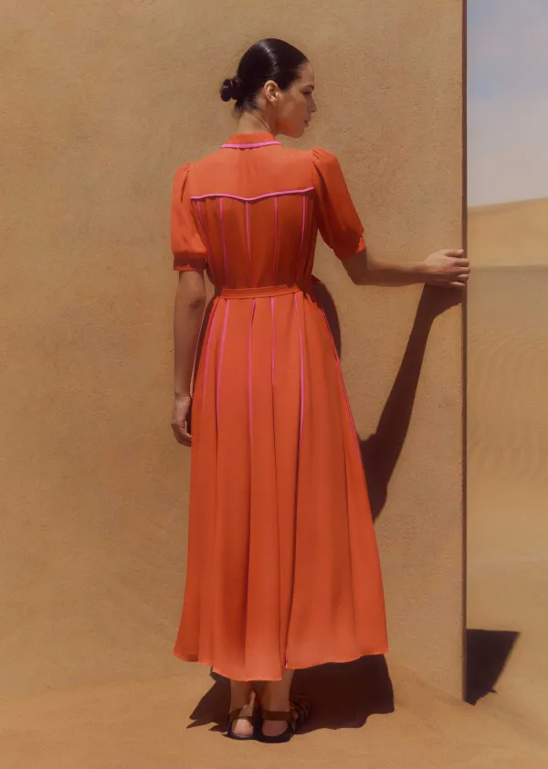 Discount ME+EM Silk Short Sleeve Maxi Dress + Belt Orange Zing/Ultra Pink