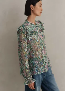 ME+EM Silk-Blend Devor Confetti Print Blouse Cream/Pink/Multi