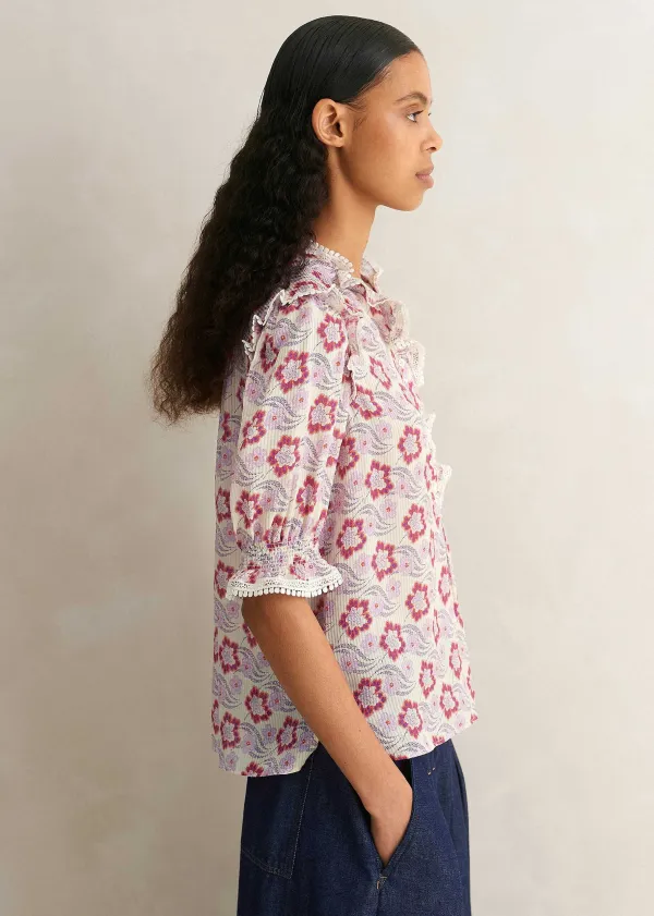 Best ME+EM Silk-Blend Floral Swirl Print Top Light Cream/Purple/Coral