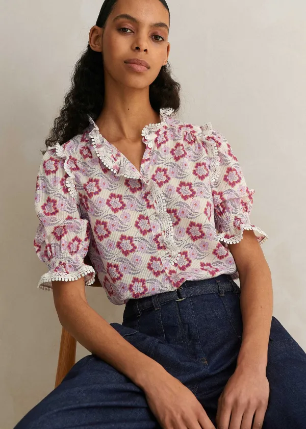Best ME+EM Silk-Blend Floral Swirl Print Top Light Cream/Purple/Coral