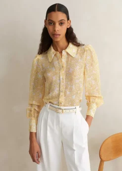 Clearance ME+EM Silk-Linen Lace Print Balloon Sleeve Blouse Light Cream/Yellow/Red