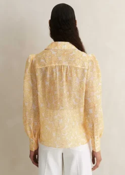 Clearance ME+EM Silk-Linen Lace Print Balloon Sleeve Blouse Light Cream/Yellow/Red