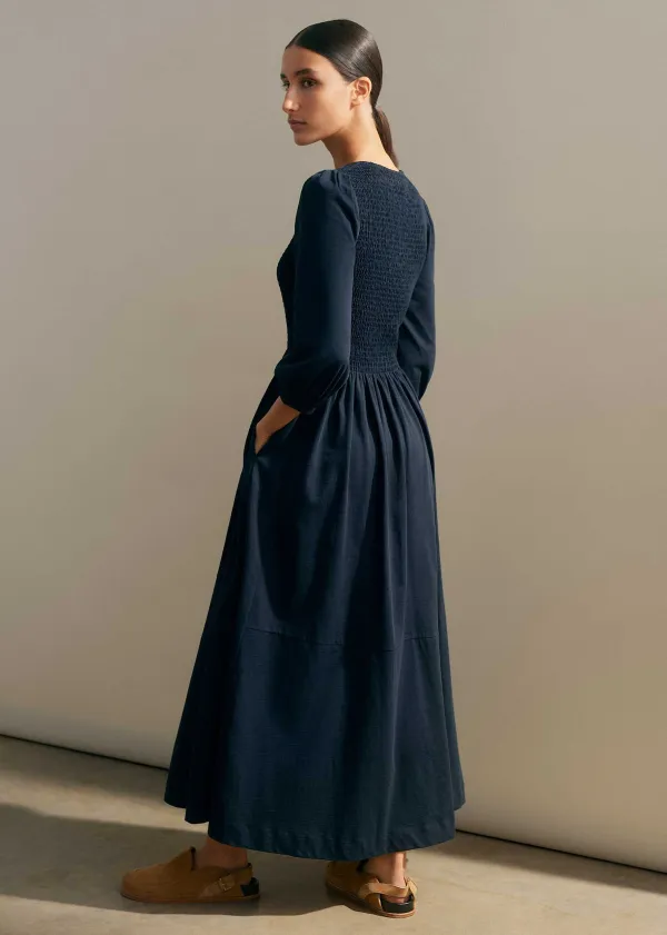 ME+EM Slub Cotton V-Neck Maxi Dress Navy