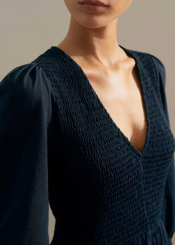 ME+EM Slub Cotton V-Neck Maxi Dress Navy