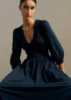 ME+EM Slub Cotton V-Neck Maxi Dress Navy