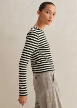 Discount ME+EM Slub Jersey Crop Stripe Crew Neck Top Black/Cream