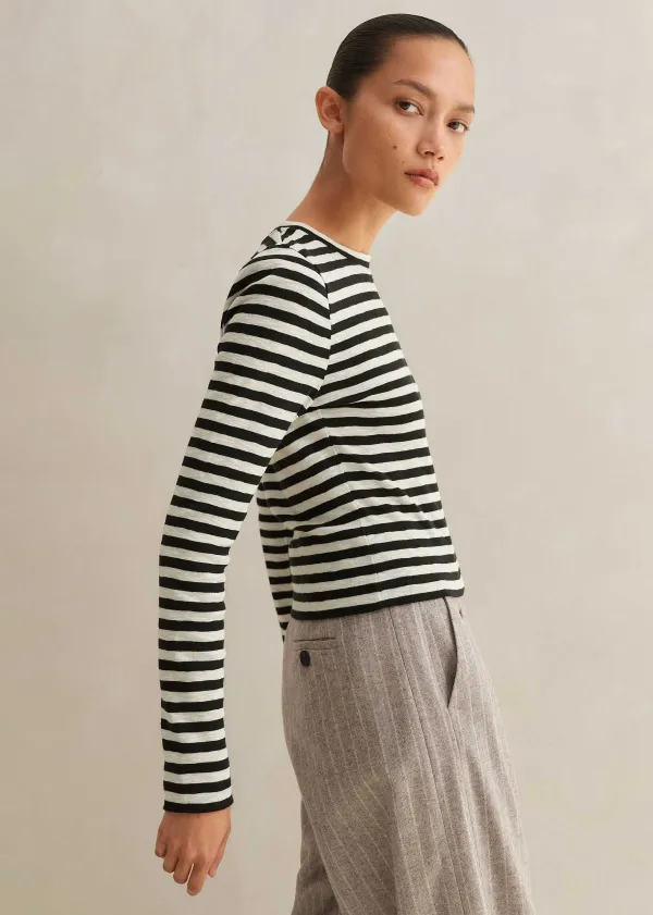 Discount ME+EM Slub Jersey Crop Stripe Crew Neck Top Black/Cream
