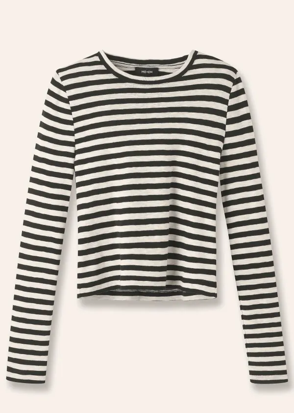 Discount ME+EM Slub Jersey Crop Stripe Crew Neck Top Black/Cream
