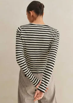 Discount ME+EM Slub Jersey Crop Stripe Crew Neck Top Black/Cream