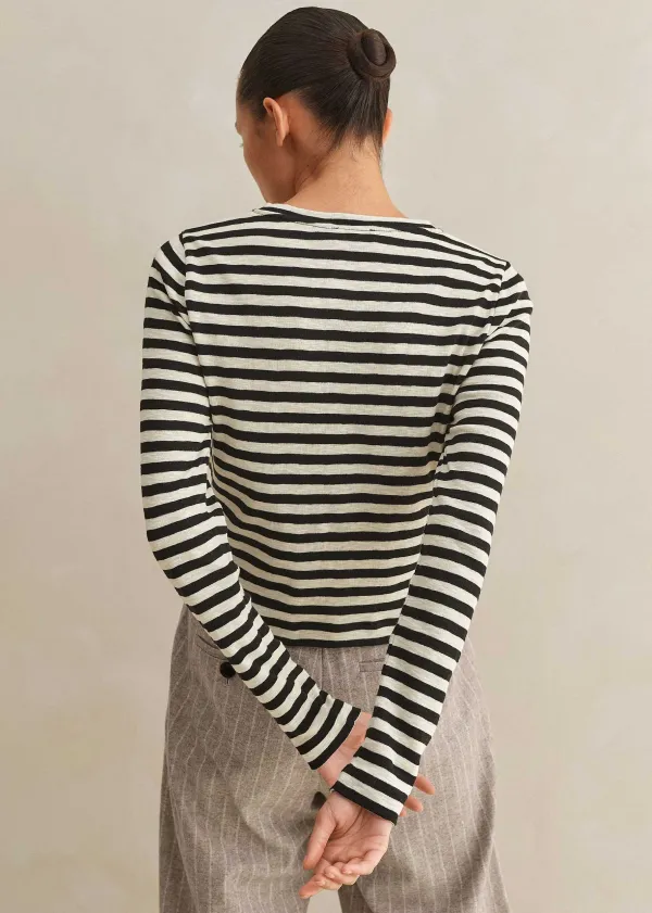 Discount ME+EM Slub Jersey Crop Stripe Crew Neck Top Black/Cream