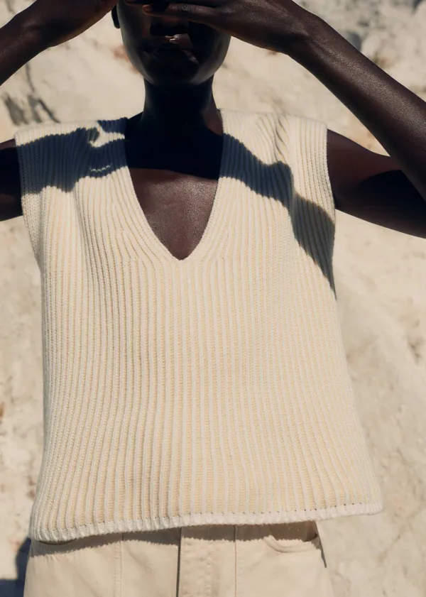 ME+EM Soft-Touch Rib Cotton Knit Vest Soft White/Ecru