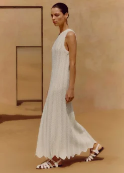 Hot ME+EM Textured Cotton Knit Scallop Maxi Dress Cream