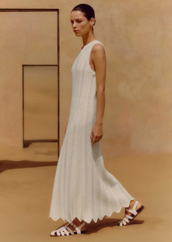Hot ME+EM Textured Cotton Knit Scallop Maxi Dress Cream