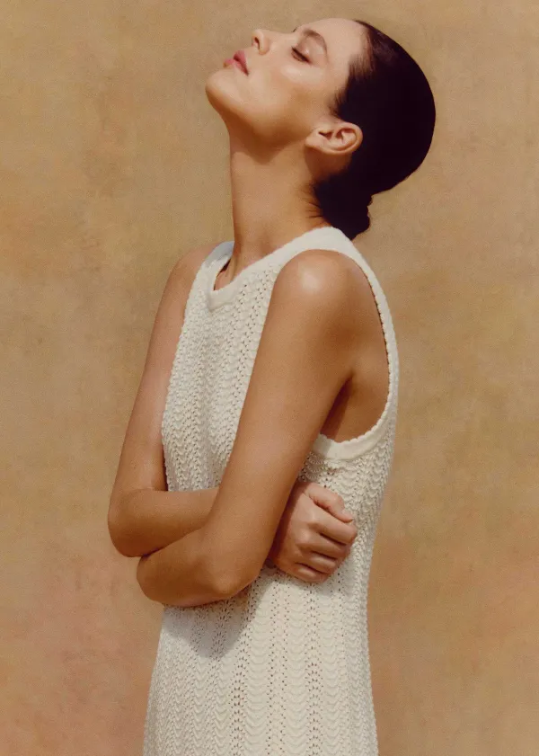Hot ME+EM Textured Cotton Knit Scallop Maxi Dress Cream