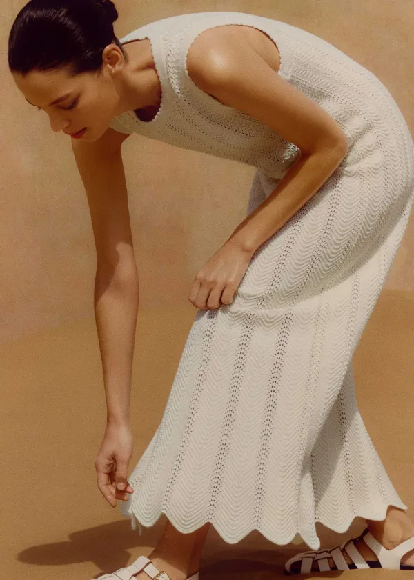 Hot ME+EM Textured Cotton Knit Scallop Maxi Dress Cream