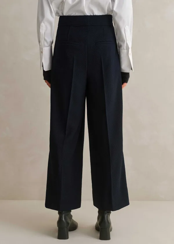 Sale ME+EM Textured High-Waisted Wide-Leg Crop Trouser Navy