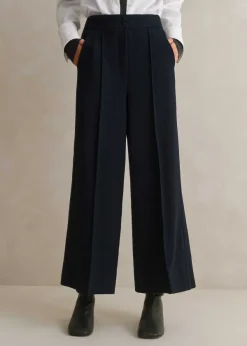 Sale ME+EM Textured High-Waisted Wide-Leg Crop Trouser Navy
