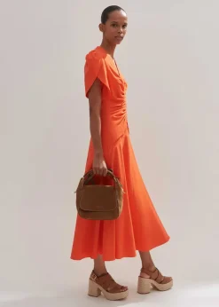 New ME+EM Textured Pleat Front Midi Dress Orange Zing