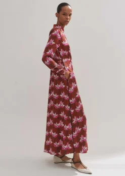 New ME+EM Waterlily Print Maxi Dress + Belt Pecan/Pink/Light Cream